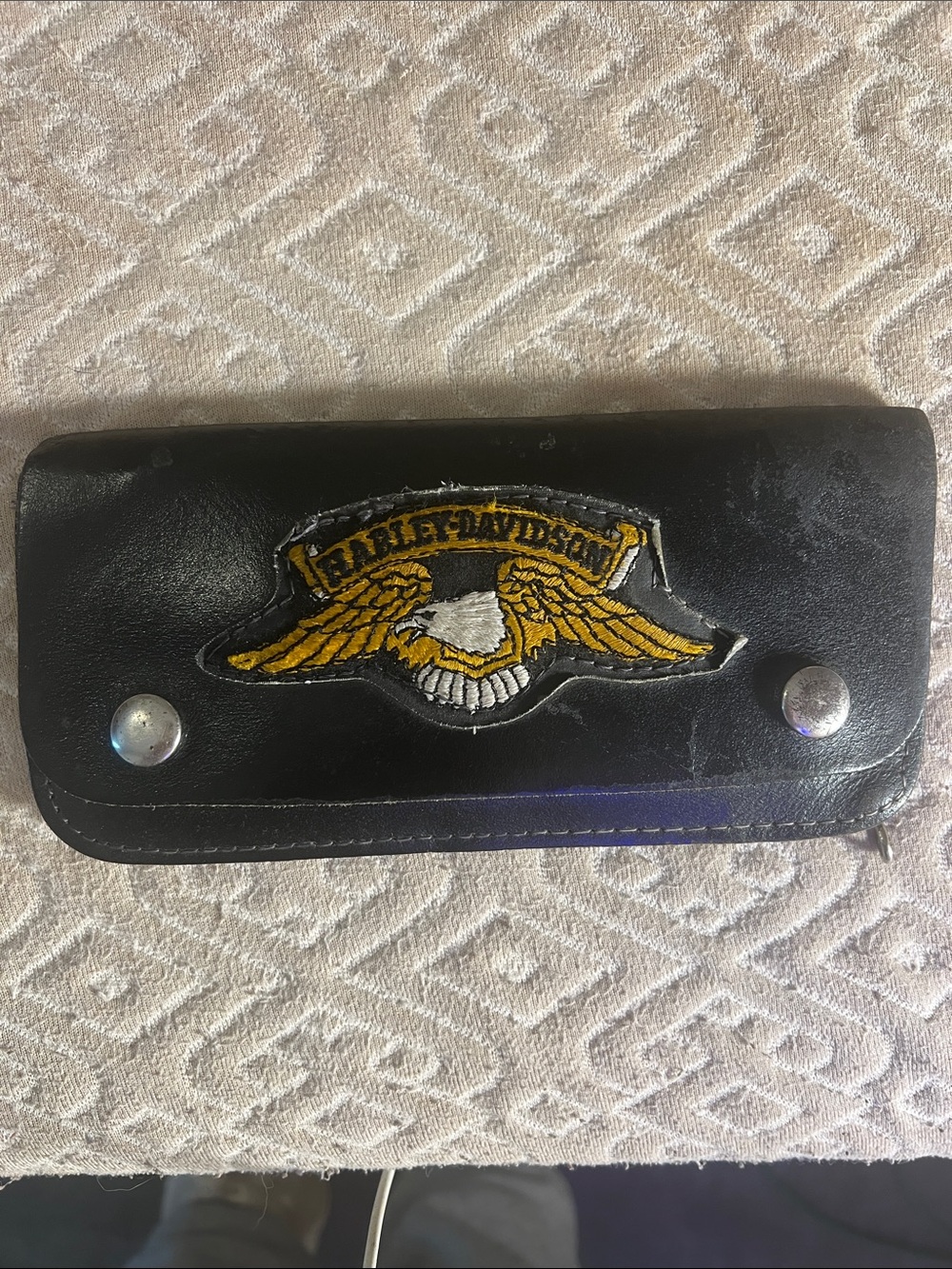 VINTAGE 1980s HARLEY DAVIDSON BIKER WALLET BLACK EMBROIDERED EAGLE PATCH